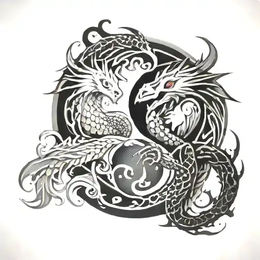 phoenix and dragon in a yin and yang symbol tattoo design idea