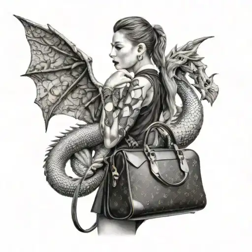 women and louis vuitton bag on dragon neck tattoo design idea