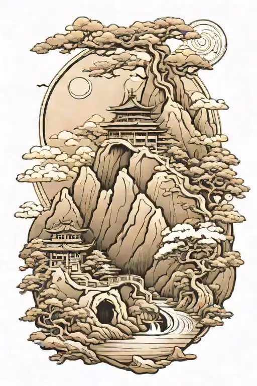 Japanese black and white mountain range with a winding path and a panda and little dragon at the bottom of the path tattoo design idea