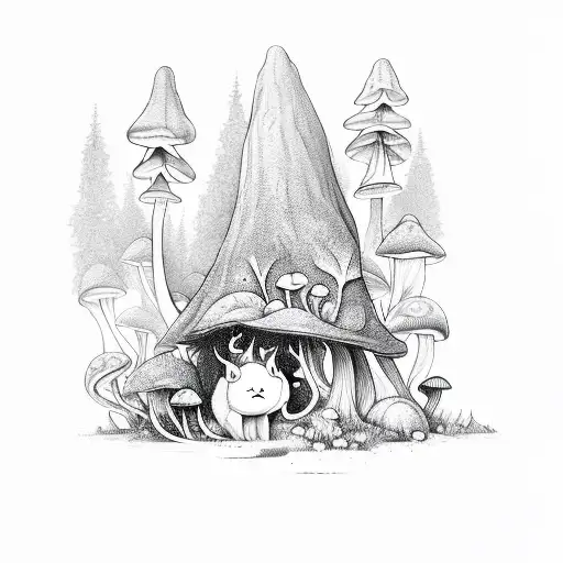 A mystical forest with hidden mushrooms and animals peeking through the foliage tattoo design idea