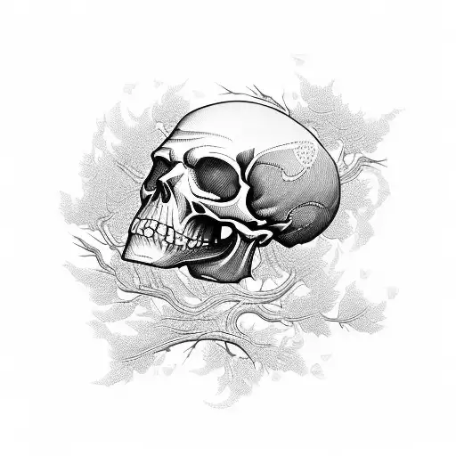 A hauntingly beautiful skull adorned with intricate tree roots and branches tattoo design idea