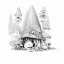 A mystical forest with hidden mushrooms and animals peeking through the foliage tattoo design idea