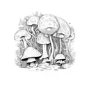 A mystical forest with hidden mushrooms and animals peeking through the foliage tattoo design idea