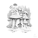 A mystical forest with hidden mushrooms and animals peeking through the foliage tattoo design idea