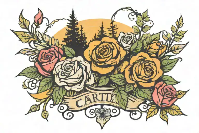 CARTER word chest tattoo with roses and trees colors sunset tattoo design idea
