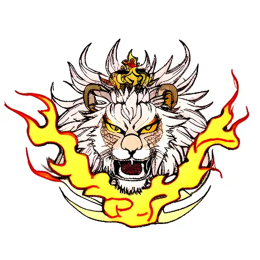 A lion with a scarred face, wearing a crown of flames, representing the strength and resilience of a Leo amidst challenges tattoo design idea