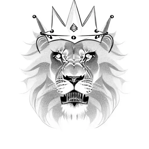 A fierce lion with a grim expression, surrounded by scars and wearing a crown, representing the resilience and strength of a Leo tattoo design idea