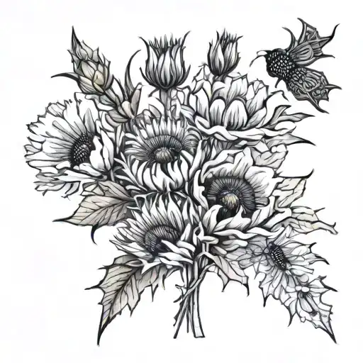 thistle, poppy, daisy tied together tattoo design idea