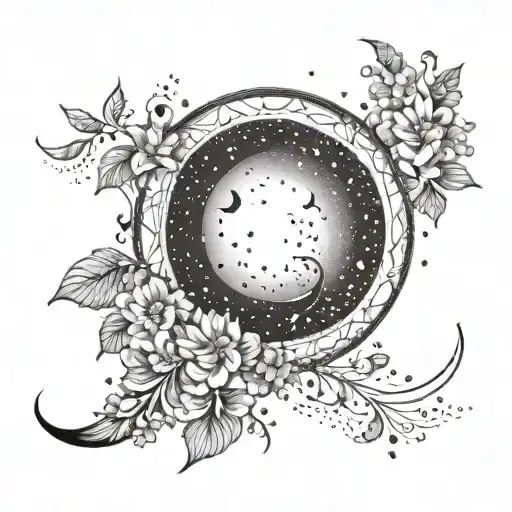 A delicate design of a crescent moon with intricate line work and sparkles tattoo design idea