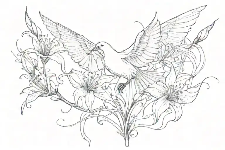 Spider Lily with Dove flying around it tattoo design idea