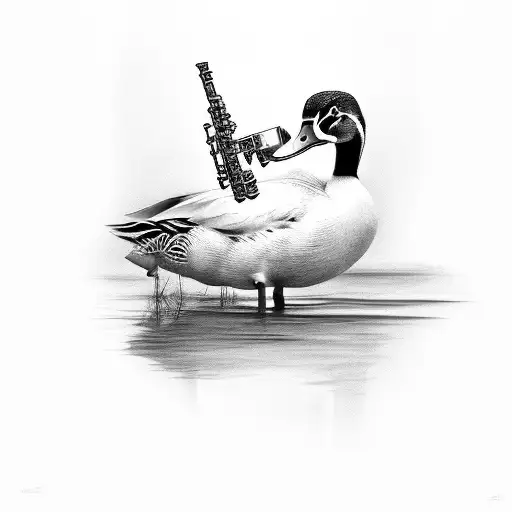An elegant black and grey portrait of a duck with an oboe tattoo design idea