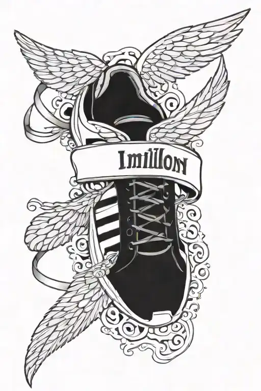 running shoe outline tattoo, 4 stripes, wings, words "1 in a million" tattoo design idea