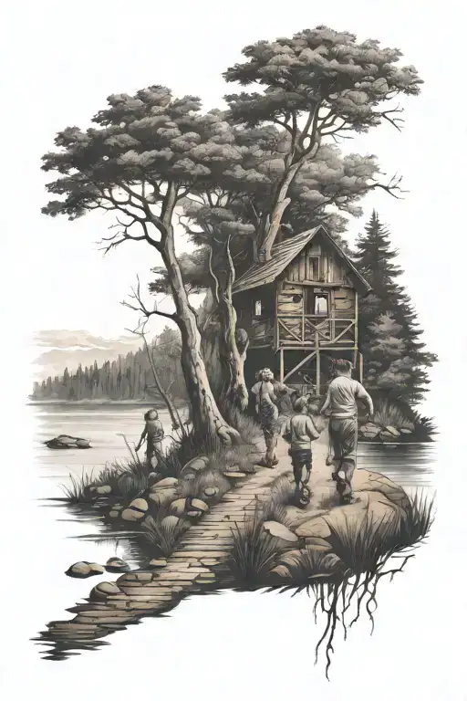 river, 3 boys walking, forest, creepy, cabin tattoo design idea
