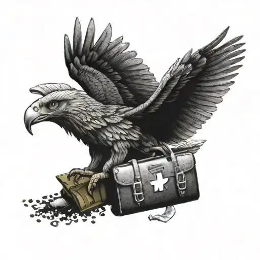 A dotwork tattoo of a soaring eagle carrying a first aid kit in its talons, symbolizing your dedication to both your EMT work and love for nature tattoo design idea