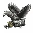 A dotwork tattoo of a soaring eagle carrying a first aid kit in its talons, symbolizing your dedication to both your EMT work and love for nature tattoo design idea