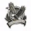 A stylized eagle scout badge with a camping scene inside the badge tattoo design idea