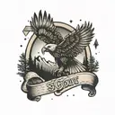 A stylized eagle scout badge with a camping scene inside the badge tattoo design idea