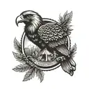 A stylized eagle scout badge with a camping scene inside the badge tattoo design idea