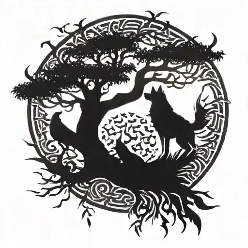willow tree, wolf and crow perched tattoo design idea