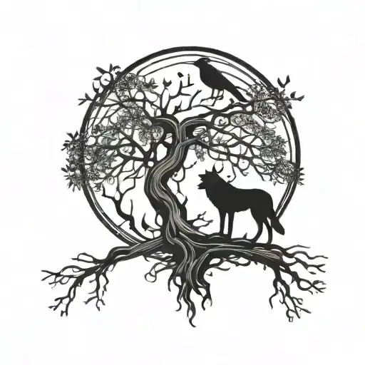 willow tree, wolf and crow perched tattoo design idea