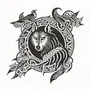 willow, wolf and crow  tattoo design idea