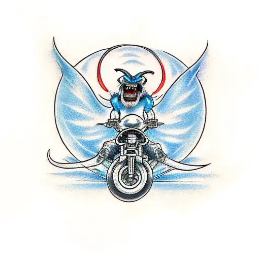 demon riding a sportbike with its tongue in the wind tattoo design idea