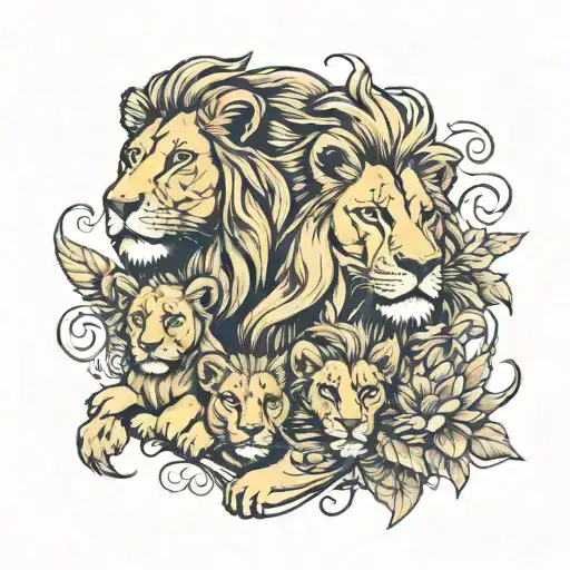 lion with lioness and two cubs tattoo design idea
