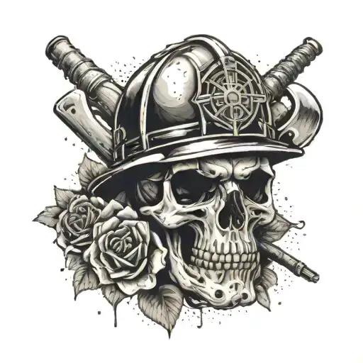 A skull wearing a firefighter's helmet, surrounded by baseball bats and roses tattoo design idea