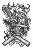 A firefighter helmet with crossed baseball bats and flames in the background tattoo design idea