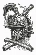 A firefighter helmet with crossed baseball bats and flames in the background tattoo design idea