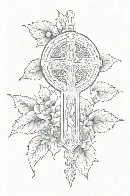 Saint Benedict medal with flowers and leaves tattoo design idea