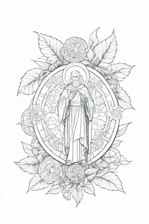 Saint Benedict medal with leaves and drawings tattoo design idea