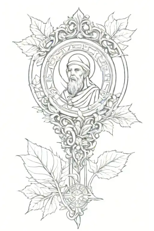 Saint Benedict medal amidst leaves and aesthetic abstract designs tattoo design idea