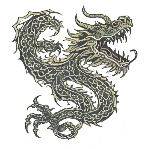 Sun loong the parade dragon from Bendigo in a wood cut style within a square to frame the whole tattoo. tattoo design idea