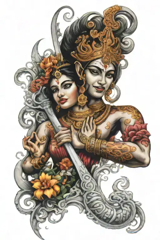 =arm sleeve including the names, "vera and veer" and the images of lakshmi mata, a hindu trident, and the om sign. tattoo design idea