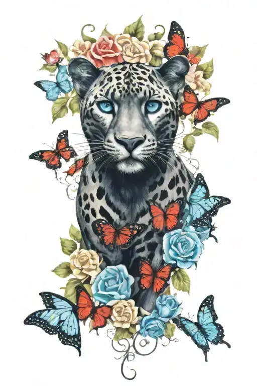 blue-eyed panther surrounded by blue and red butterflies and roses tattoo design idea