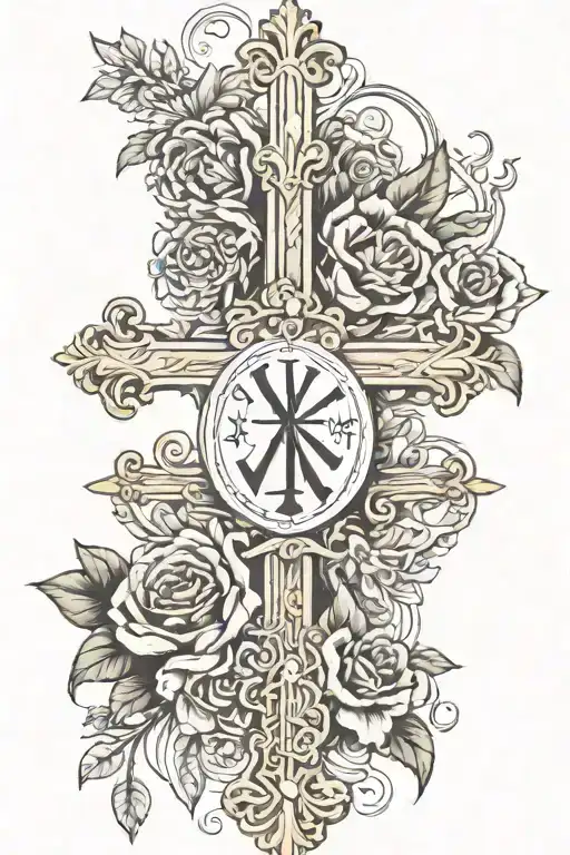 cross flowers Roman numerals surrounded tattoo design idea