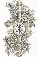 cross flowers Roman numerals surrounded tattoo design idea