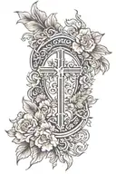 cross flowers Roman numerals surrounded tattoo design idea