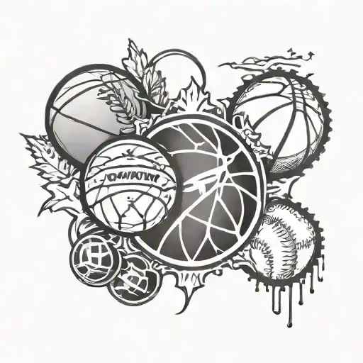 A tattoo design of a basketball, baseball, and hockey puck intertwined to represent the Toronto Raptors, Blue Jays, and Maple Leafs tattoo design idea
