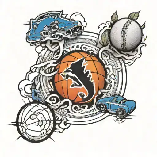 A tattoo design of a basketball, baseball, and hockey puck intertwined to represent the Toronto Raptors, Blue Jays, and Maple Leafs tattoo design idea