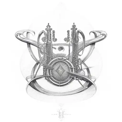 An lyre that incorporate the logo of a metal band called lament lyre tattoo design idea