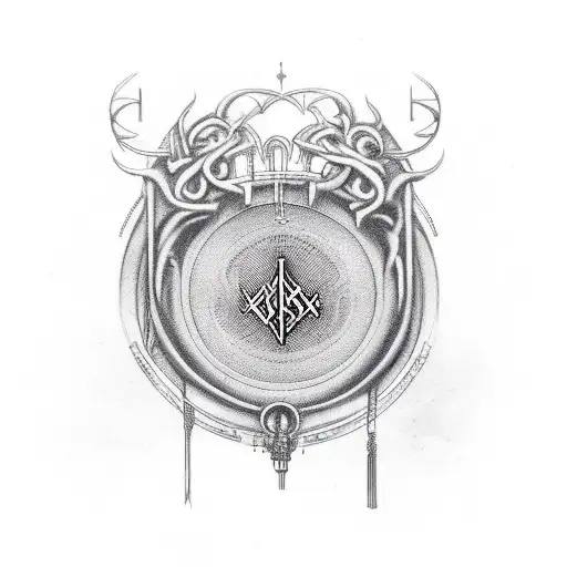 An lyre that incorporate the logo of a metal band called lament lyre tattoo design idea