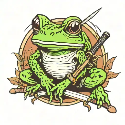 frog in samurai style with katana ready to cut. in a forest   tattoo design idea