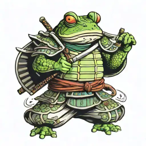 A samurai frog standing on two hind legs, wearing traditional samurai armor. The frog holds a katana a tattoo design idea