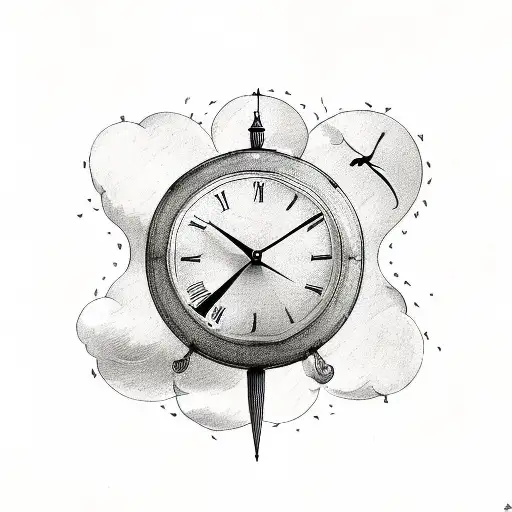 a dove in the sky, holding three picture frames, a clock under it with the words how time flies underneath the clock. tattoo design idea