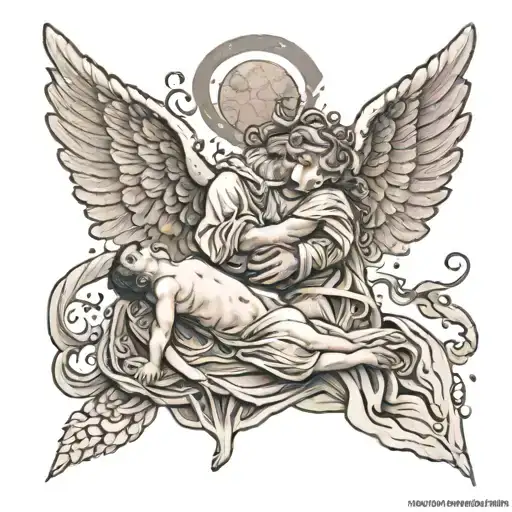 Design a tattoo like this: a angel that is landing and hold a baby in its arms. In the meantime the angle is looking at  tattoo design idea