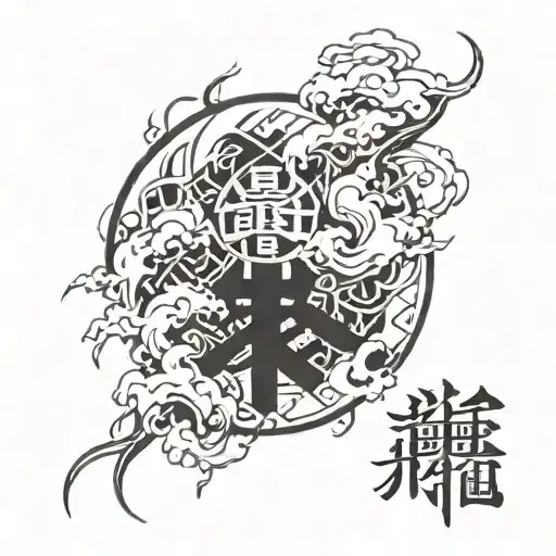 A tattoo design combining elements of anime and Japanese kanji, with a smoke effect intertwined throughout the design tattoo design idea