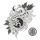 A tattoo design combining elements of anime and Japanese kanji, with a smoke effect intertwined throughout the design tattoo design idea