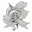 A tattoo design combining elements of anime and Japanese kanji, with a smoke effect intertwined throughout the design tattoo design idea